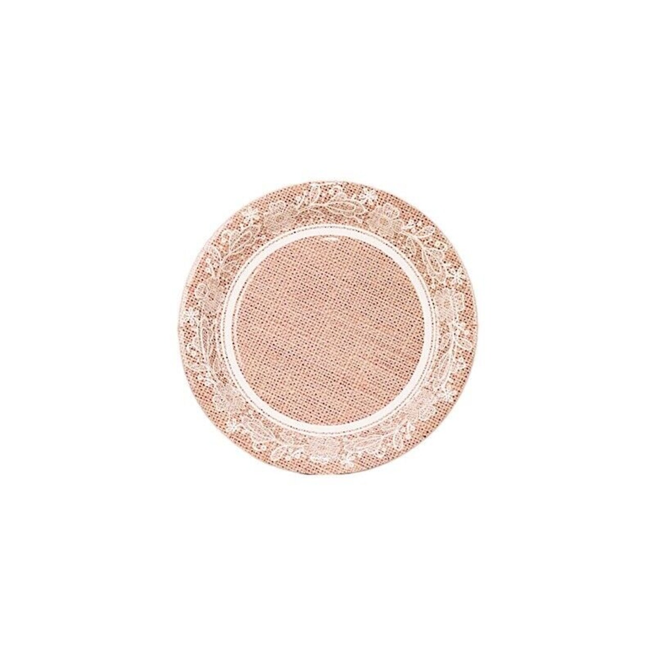 25 Natural 7 in Burlap Print White Floral Lace Trim Salad Paper PLATES